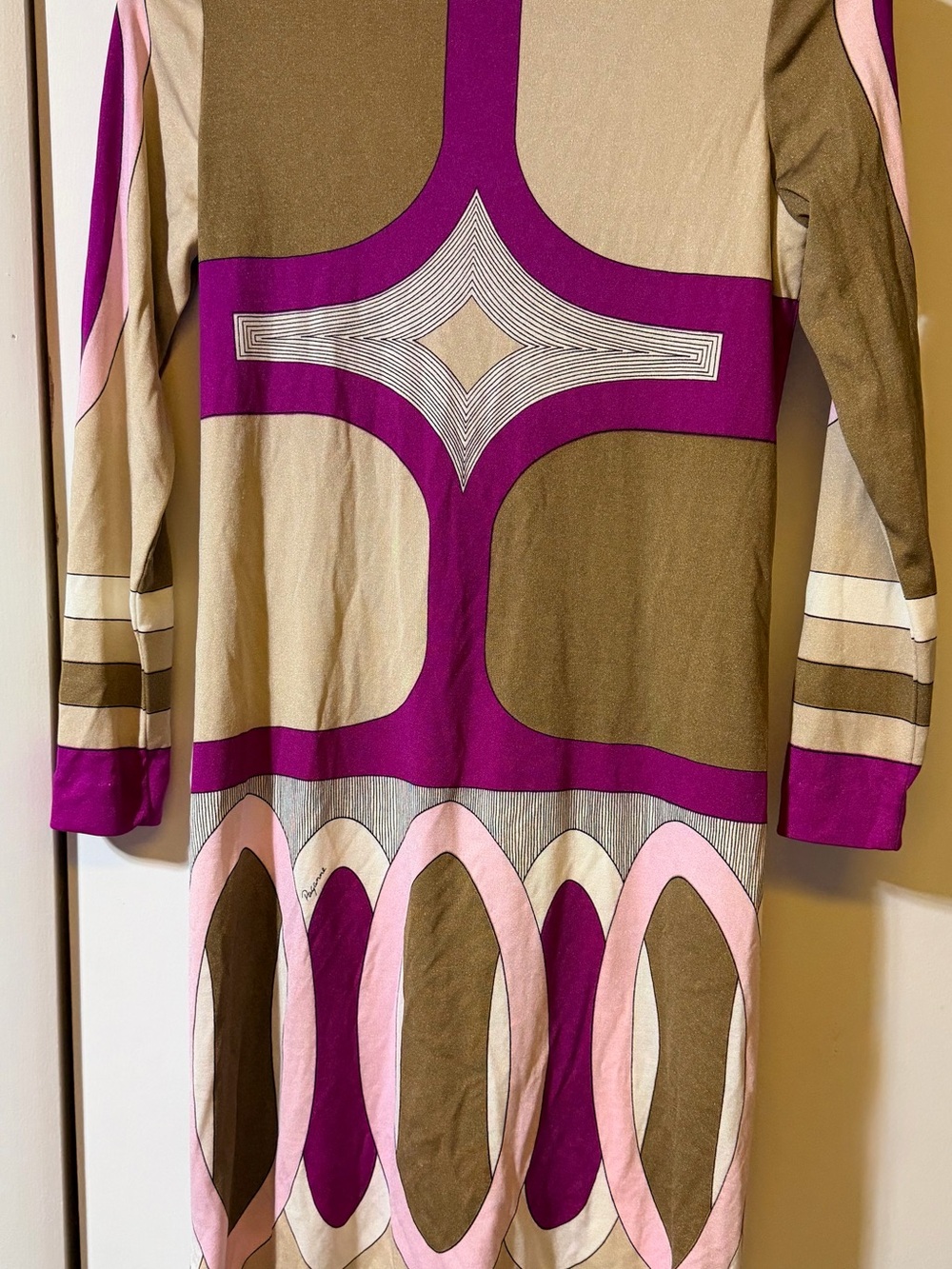 Vintage Gene Berk 60s/70s Long Sleeve Geometric Midi Dress in Purple and Olive